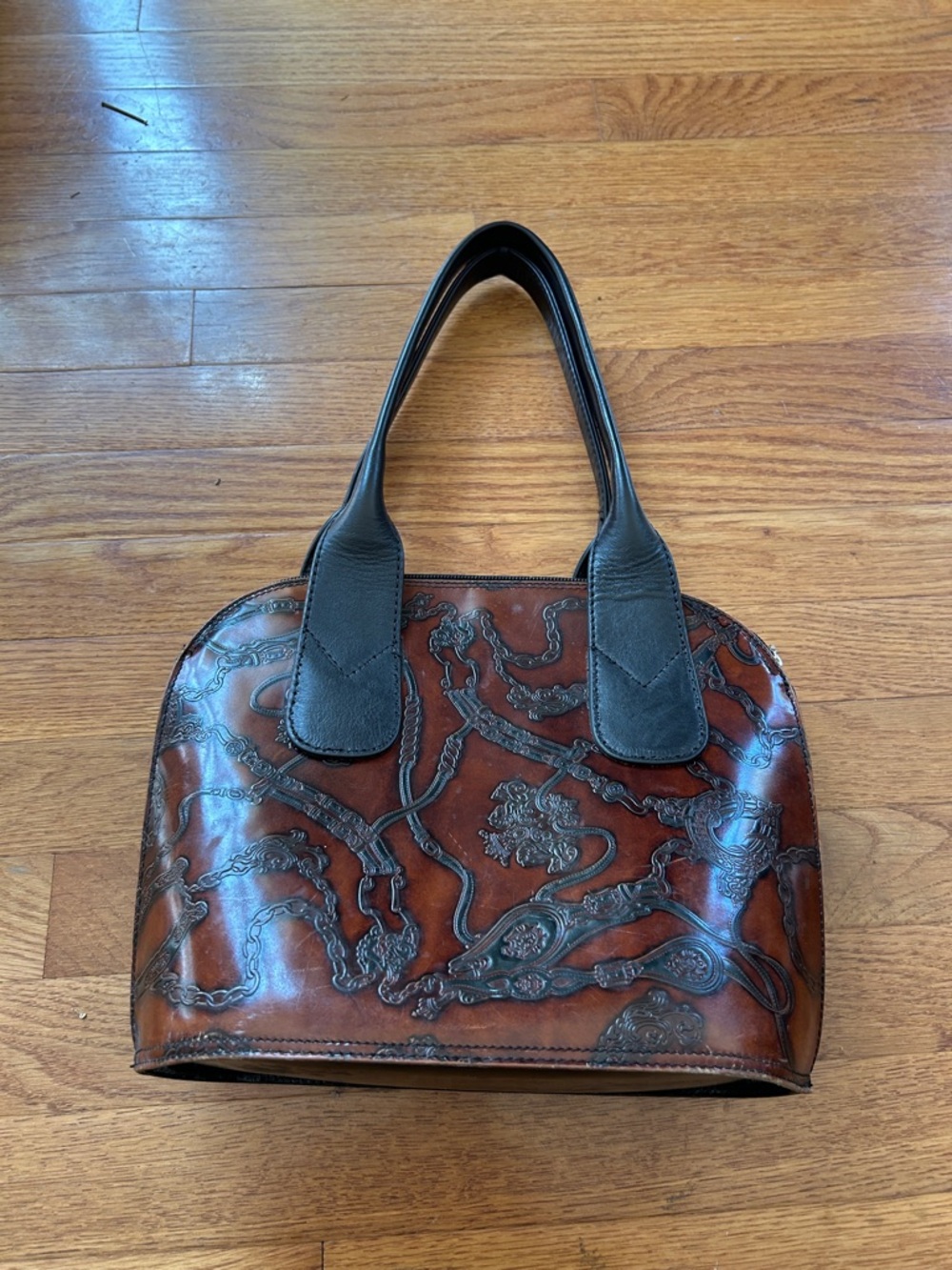 Brown Tooled Leather Tote Bag with Black Handles